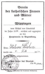 Mitgliedsausweis von Helena Wösten im Mütterverein Wippingen 1930, Foto aus Chronik der Gemeinde Wippingen, Seite 262
