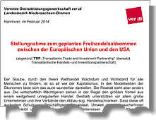 Stellungnahme des Verdi-Landesbezirks Niedersachsen-Bremen zum geplanten Freihandelsabkommen zwischen der Europäischen Union und den USA