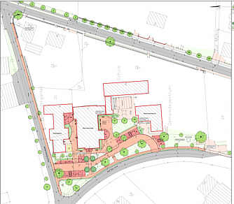 Plan der Gestaltung des Umfelds der Mehrzweckhalle / Büro für Landschaftsplanung Gertken