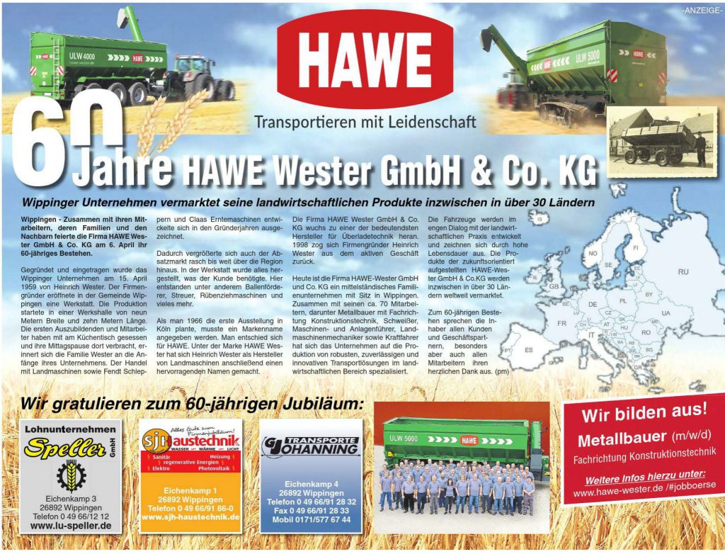 Anzeige der Firma HAWE-Wester in der Ems-Zeitung vom 20.04.2019