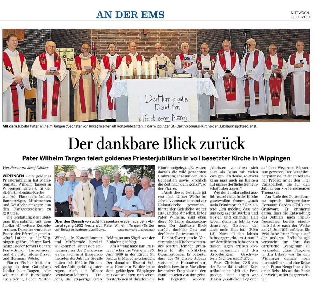 Ems-Zeitung vom 03.07.2019 über die Feier zum Priesterjubiläum von Pater Tangen