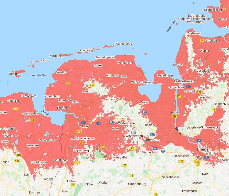 Überflutungsgebiete 2015 Ostfriesland/Emsland (Quelle Climate Central)