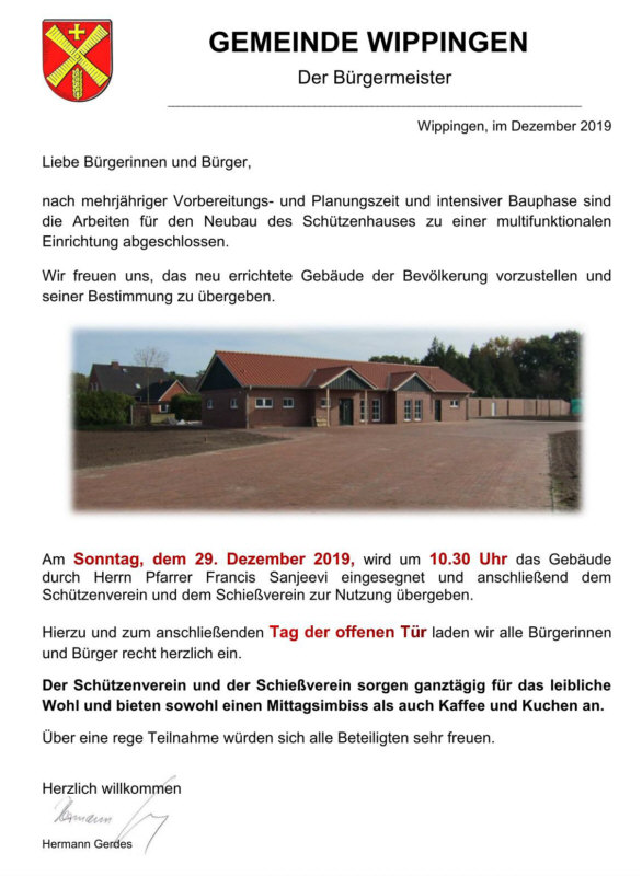 Flyer Einladung zur Einweihung des Schützenhauses Wippingen am 29.12.2019