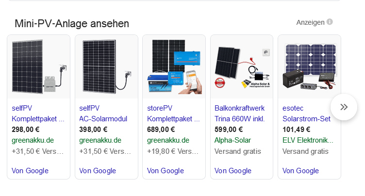 Ergebnis einer Google-Suche nach Mini-Photovoltaikanlagen