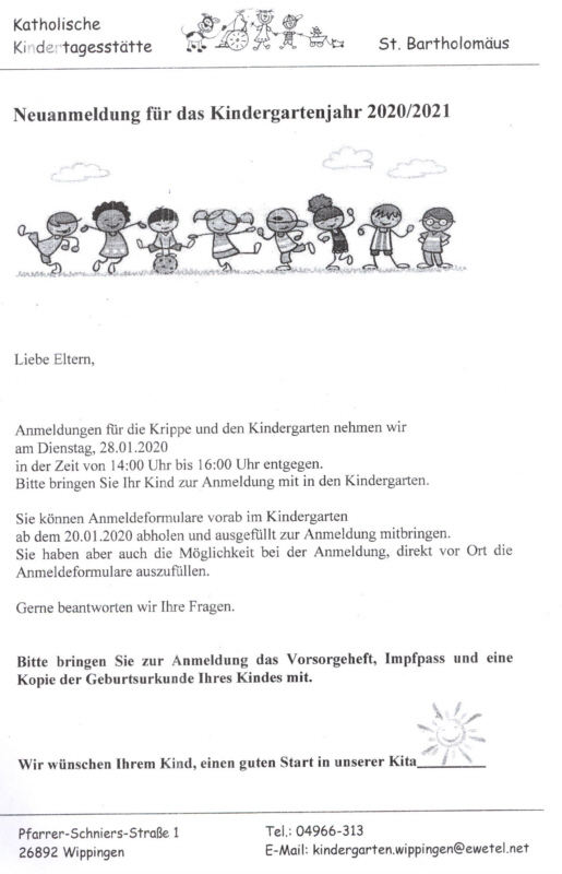 Flyer der Kita zur Neuanmeldung im Kindergartenjahr 2020/2021