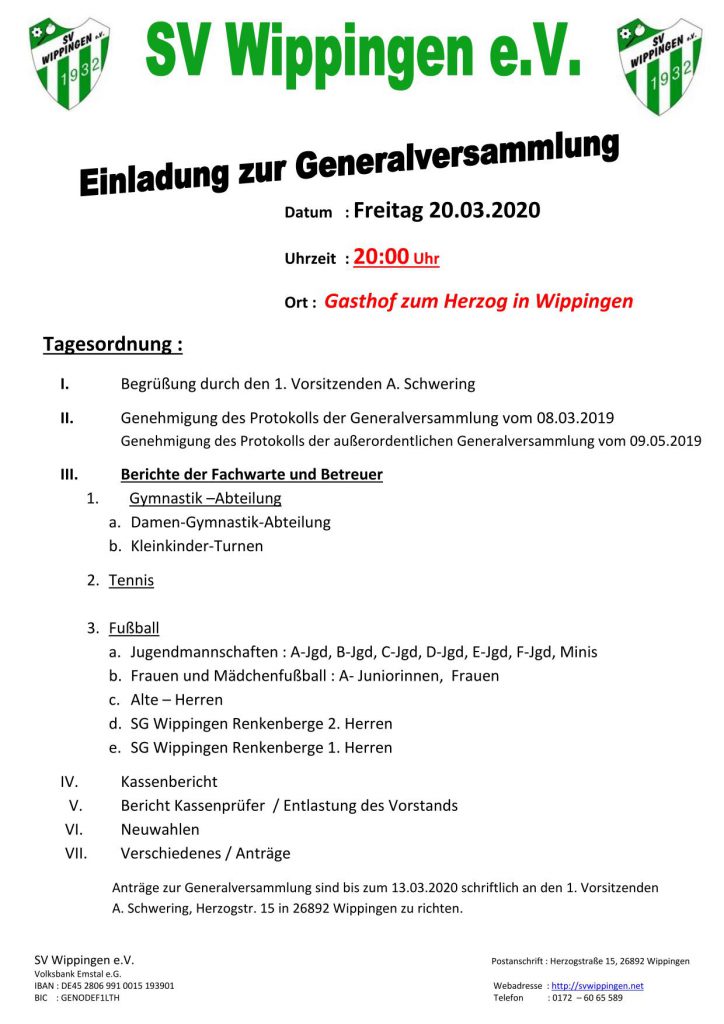 Einladung des SV Wippingen zur Generalversammlung am 20.03.2020