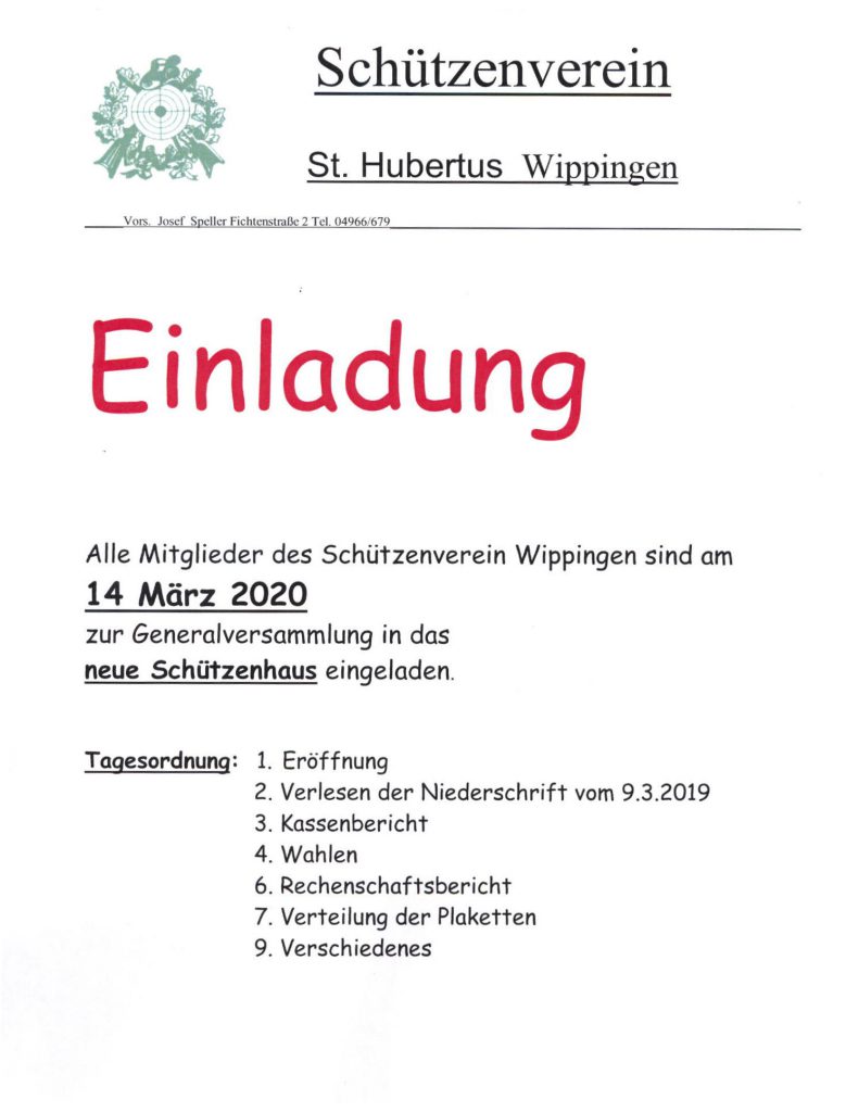 Einladung des Schützenvereins zur Generalversammlung 2020