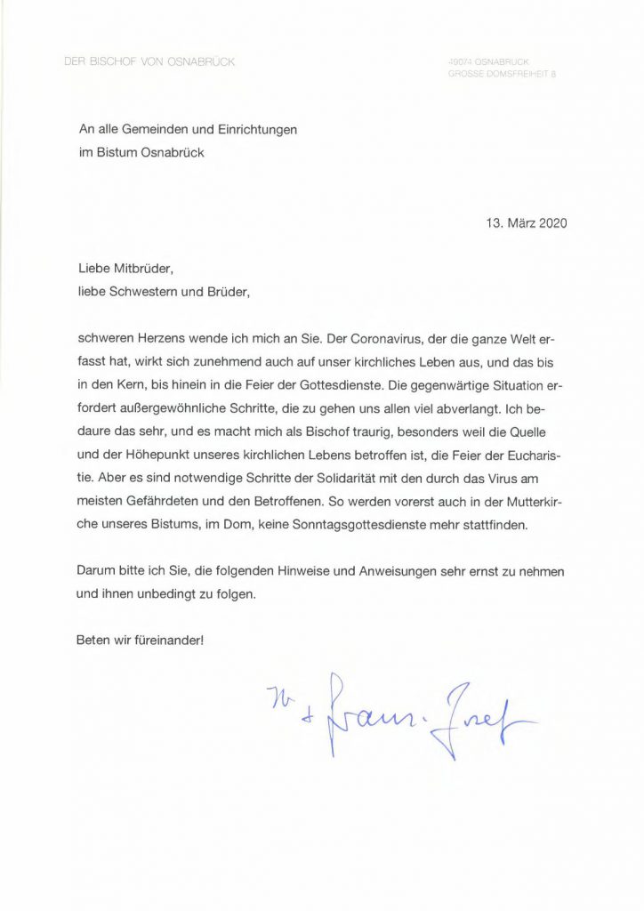 Brief von Bischof Franz-Josef Bode an die Gemeinden, 13.03.2020