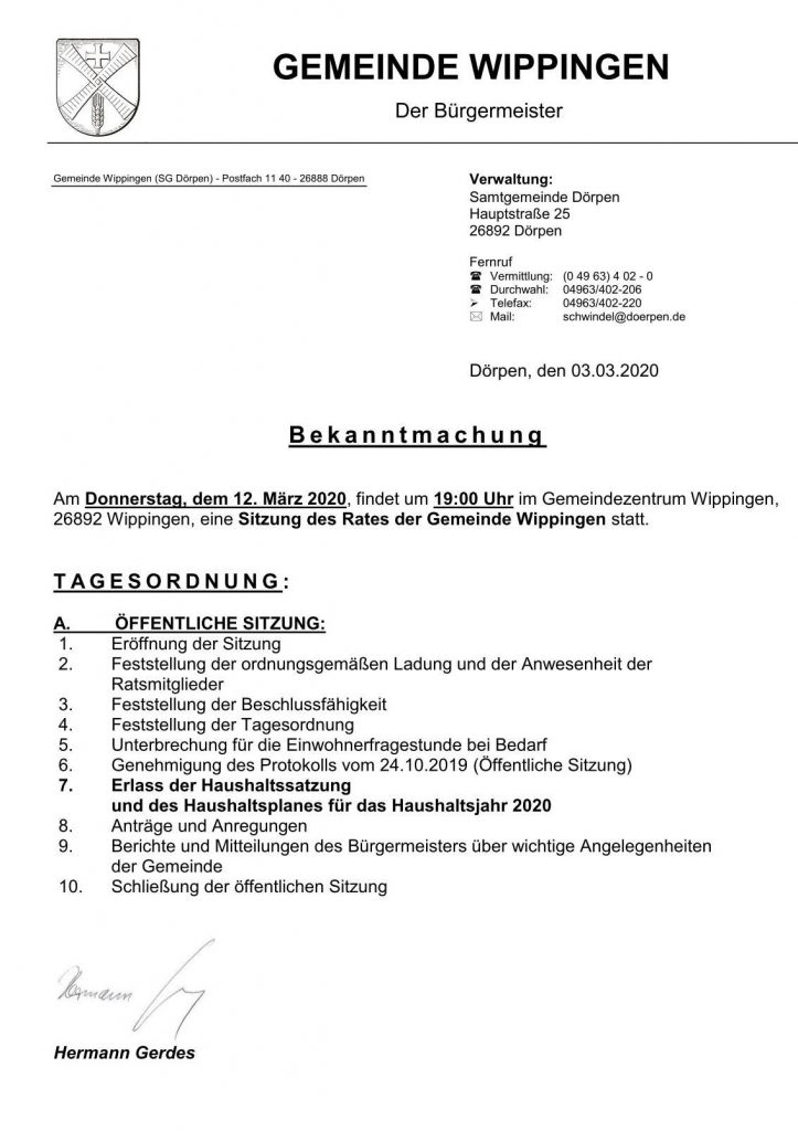 Einladung zur Gemeinderatssitzung 03-2020 Wippingen