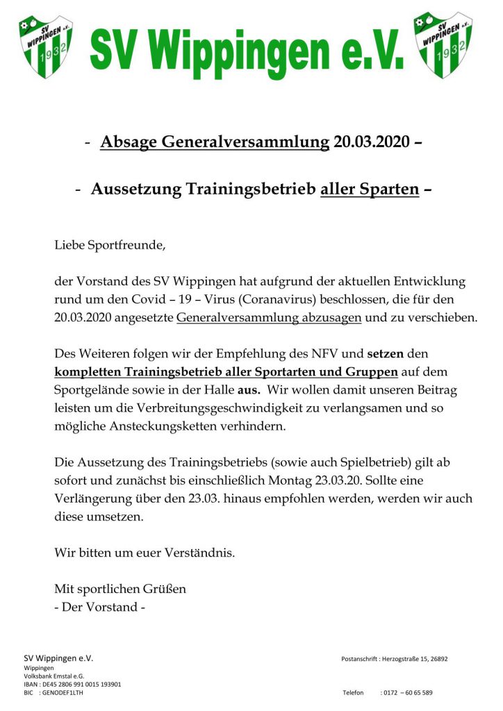 Flyer SV Wippingen vom 16.03.2020 zu den Folgen des Coronavirus für den Spielbetrieb