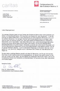 Dankesbrief der Caritas Berlin an die Wippinger Maskennäherinnen 05-2020