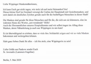 Dankesbrief von Engeline Lammers (Schwester Juvenalis) an die Maskennäherinnen 05-2020