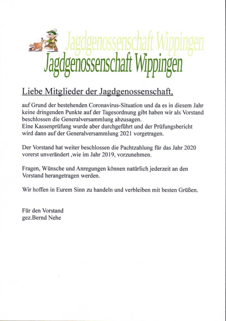 Flyer der Jagdgenossenschaft Wippingen 07-2020