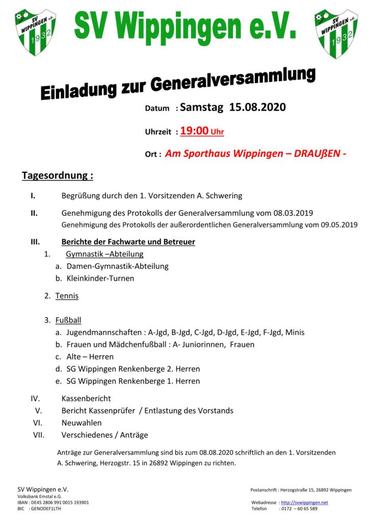 Einladung zur Generalversammlung des SV Wippingen am 15.08.2020