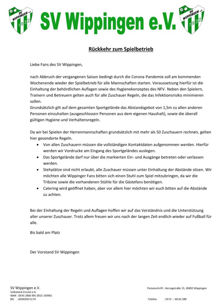 Flyer des SV Wippingen Rückkehr zum Spielbetrieb