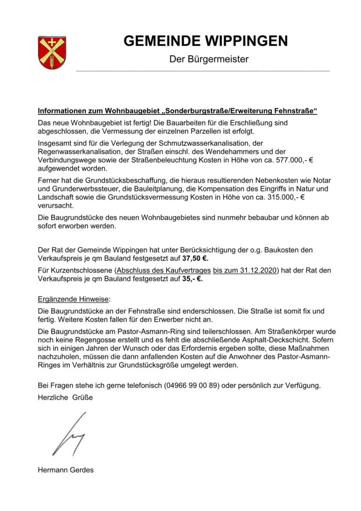 Brief an Gemeinde 10/2020 zum Baugebiet Sonderburg/Fehnstraße