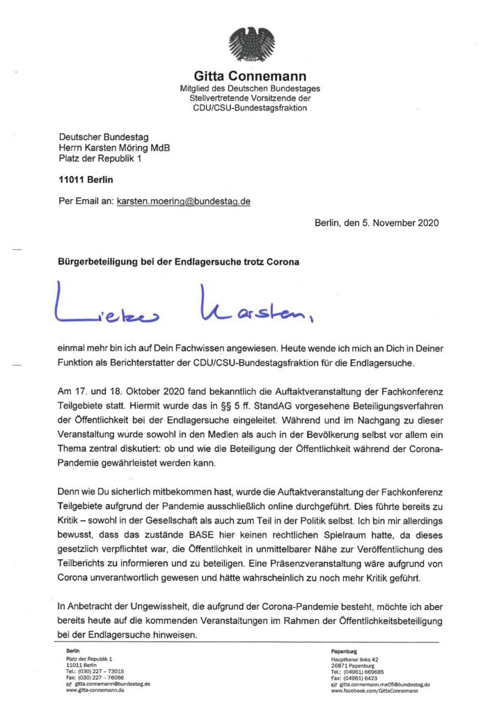 Brief von Gitta Connemann an Karsten Möhring vom 5.11.2020