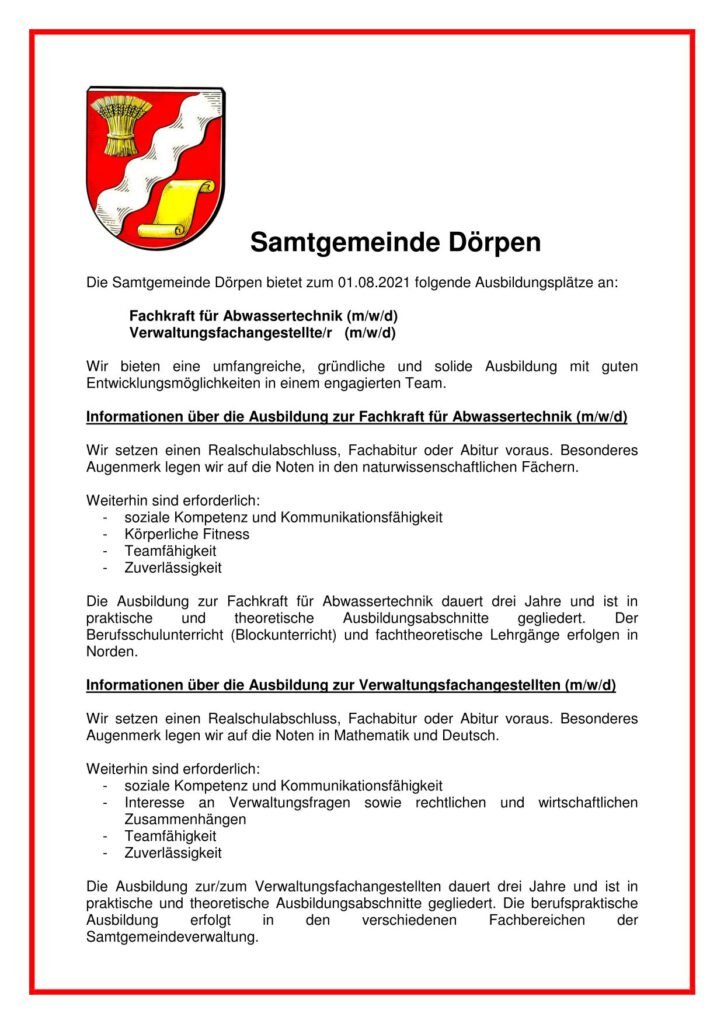 Angebote der Samtgemeinde Dörpen für Ausbildungsplätze