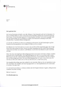 Anschreiben zu den Berechtigungsscheinen für FFP2-Masken