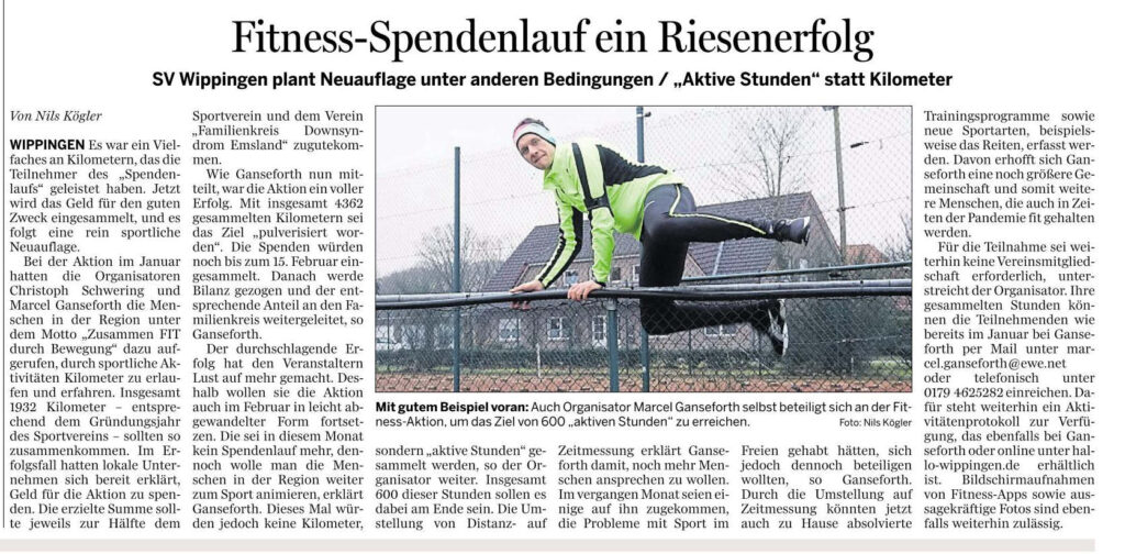 Artikel in der Ems-Zeitung vom 11.02.2021: Zusammen FIT“ durch Bewegung des SV Wippingen