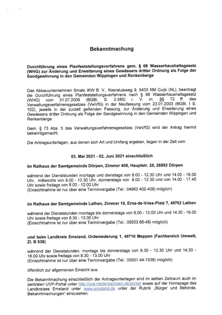 Bekanntmachung Planfeststellungsverfahren Kiesgrube Wippingen