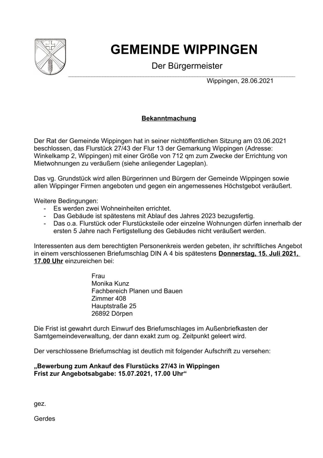 Bekanntmachung: Ausschreibung eines Grundstücks für die Errichtung ...