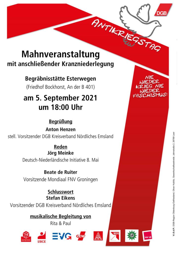 Flyer des DGB zur Mahnveranstaltung zum Antikriegstag 2021 in Esterwegen