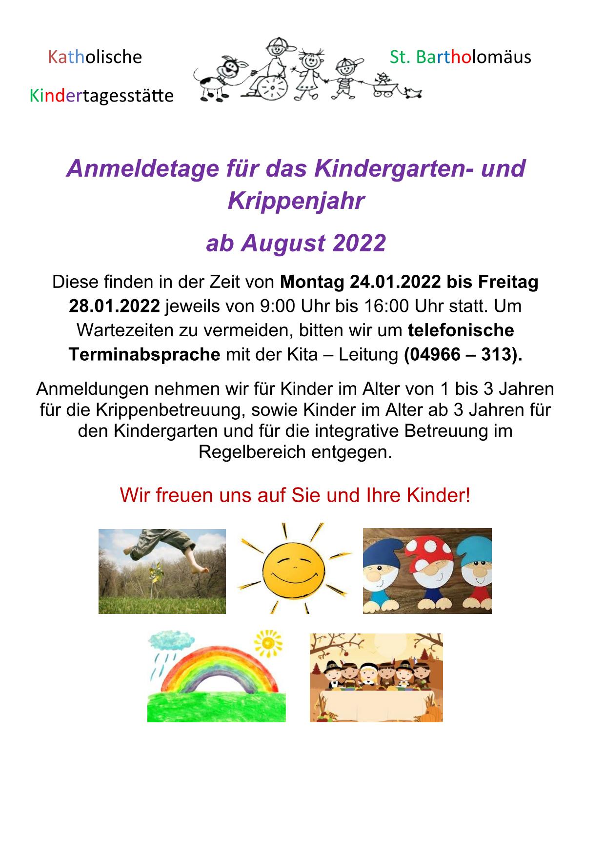 Anmeldetage für das Kindergarten- und Krippenjahr ab August 2022