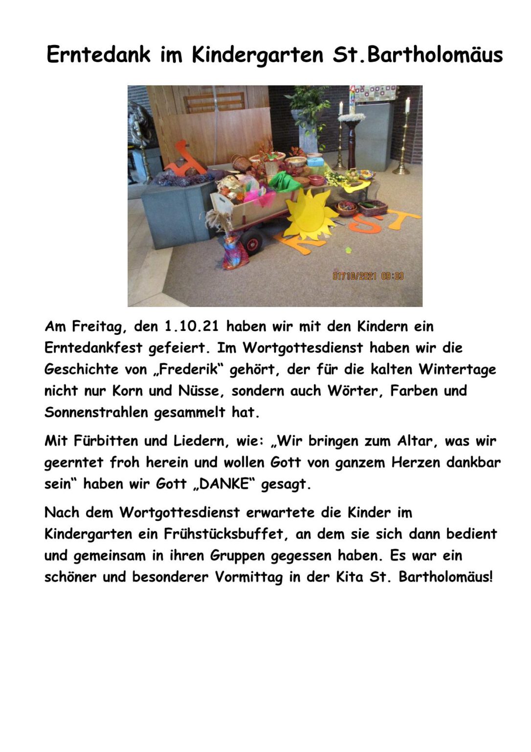 Erntedank im Kindergarten St.Bartholomäus – Hallo-Wippingen