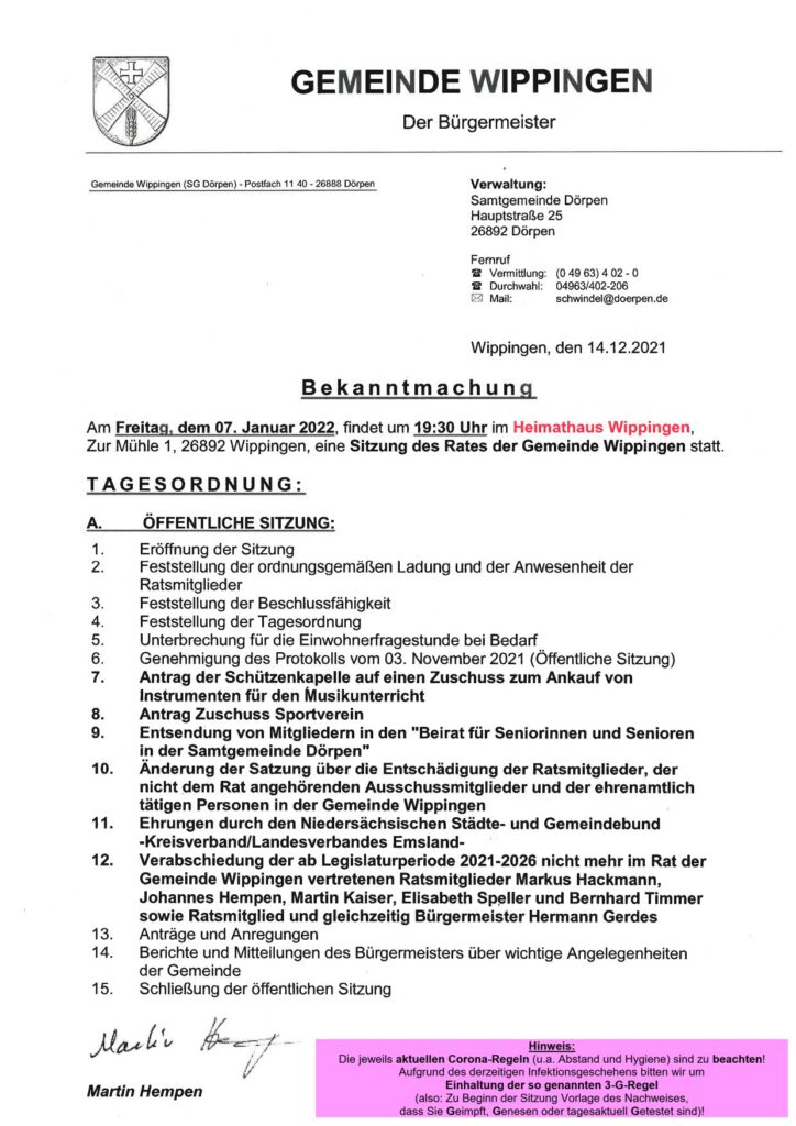 Einladung zur Gemeinderatssitzung am 07.01.2022