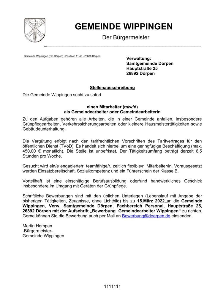 Stellenausschreibung Gemeindearbeiter Wippingen 02/2022