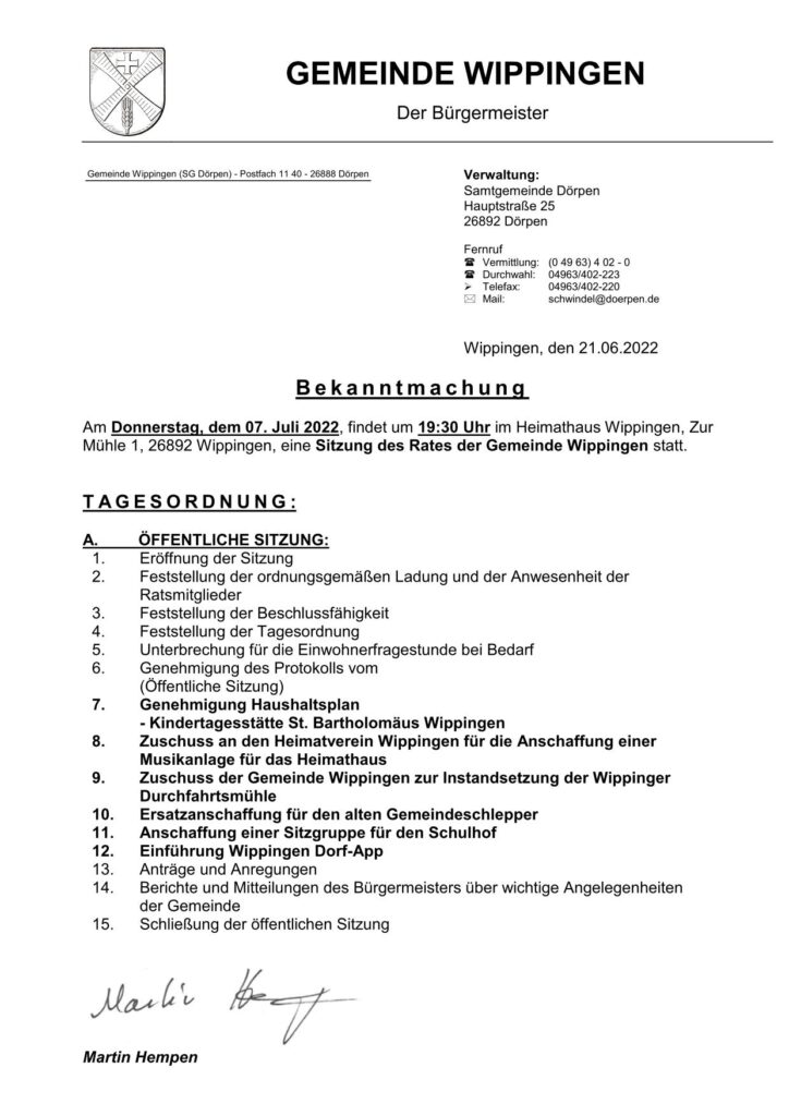 Einladung zur Gemeinderatssitzung am 07.07.2022