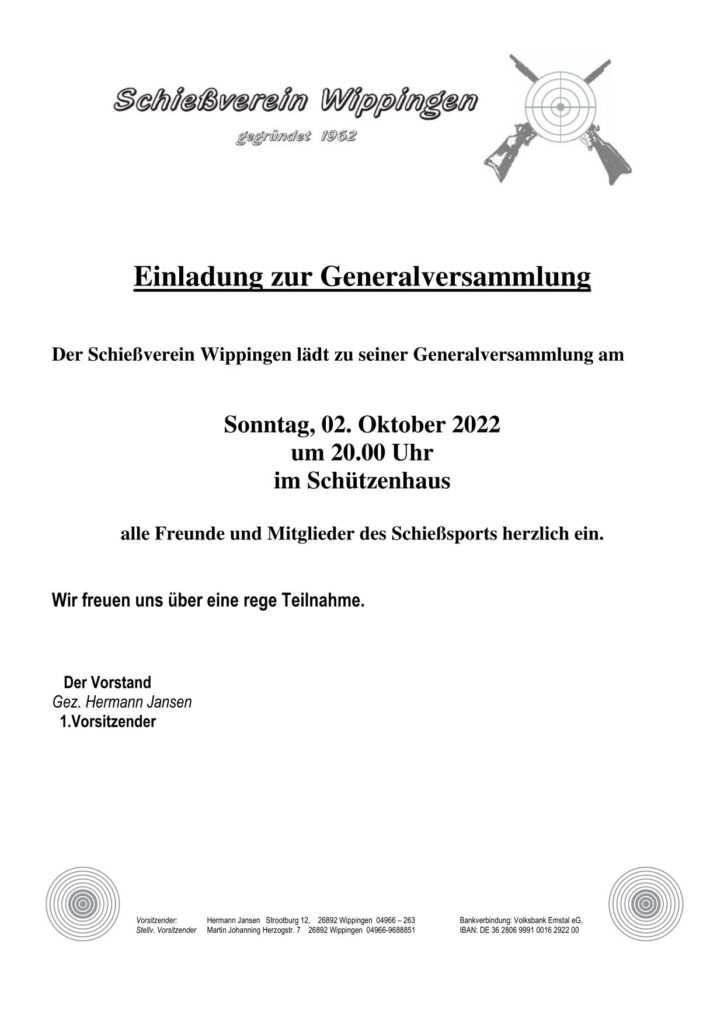 Einladung zur Generalversammlung des Schießvereins Wippingen 2022