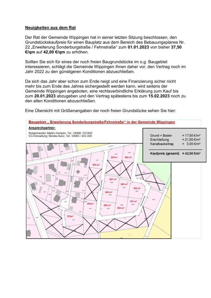 Info der gemeinde Wippingen zu Grundstückspreisen im Baugebiet Sonderburgstr,/Fehnstraße, Version 2