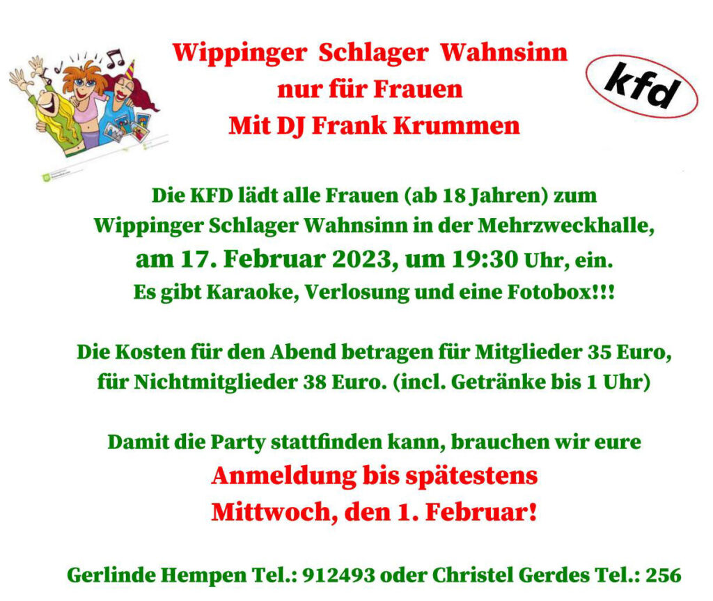 Flyer zum Schlager Wahnsinn der KFD Wippingen 02/2022