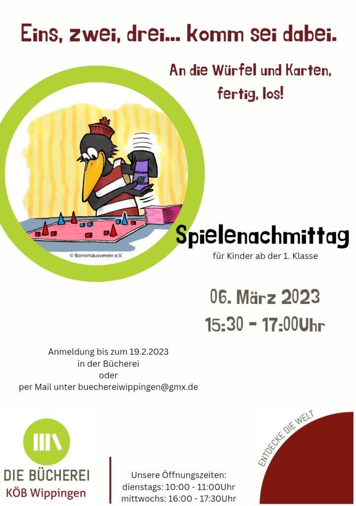 Sticker zum Spielenachmittag in der Bücherei Wippingen am 6. März 2022