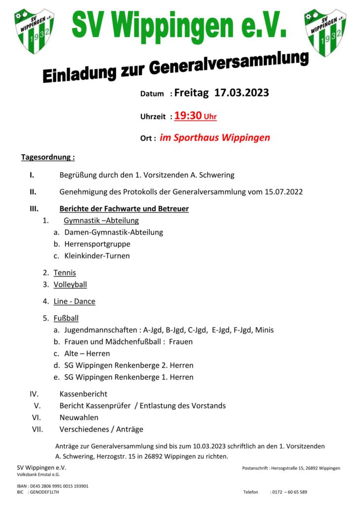 Einladung zur Generalversammlung des SV Wippingen am 17.03.2023