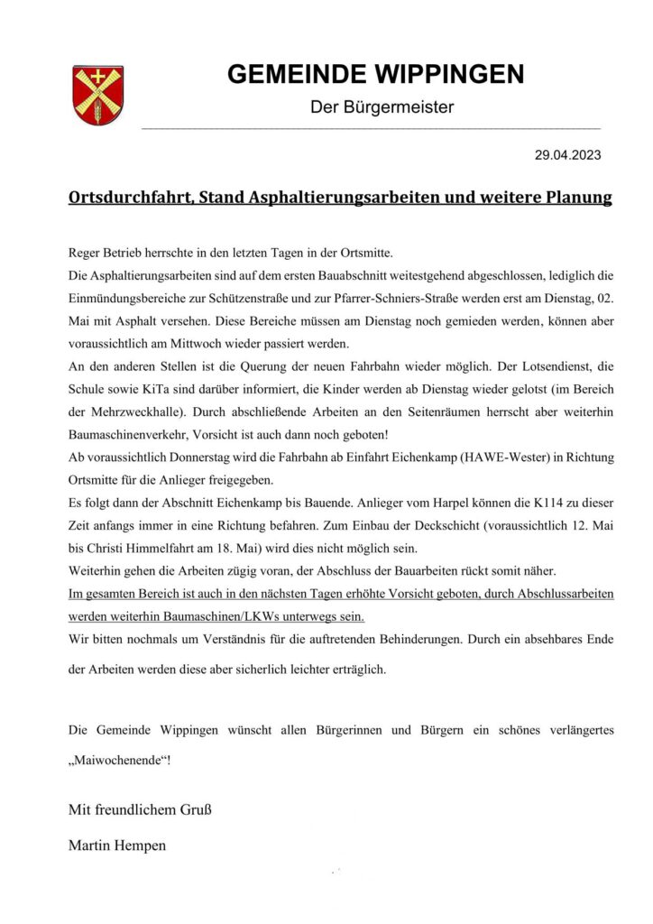 Brief des Bürgermeisters an die Gemeinde 29.05.2023