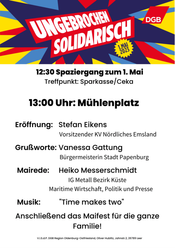 Plakat des DGB zum 1. Mai in Papenburg