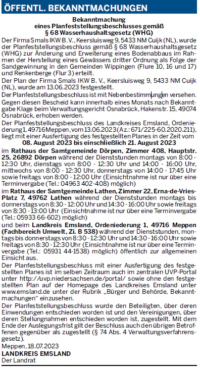 Bekanntmachung des Landkreises Emsland vom 22.07.2023 zum Kieswerk Smals in Wippingen