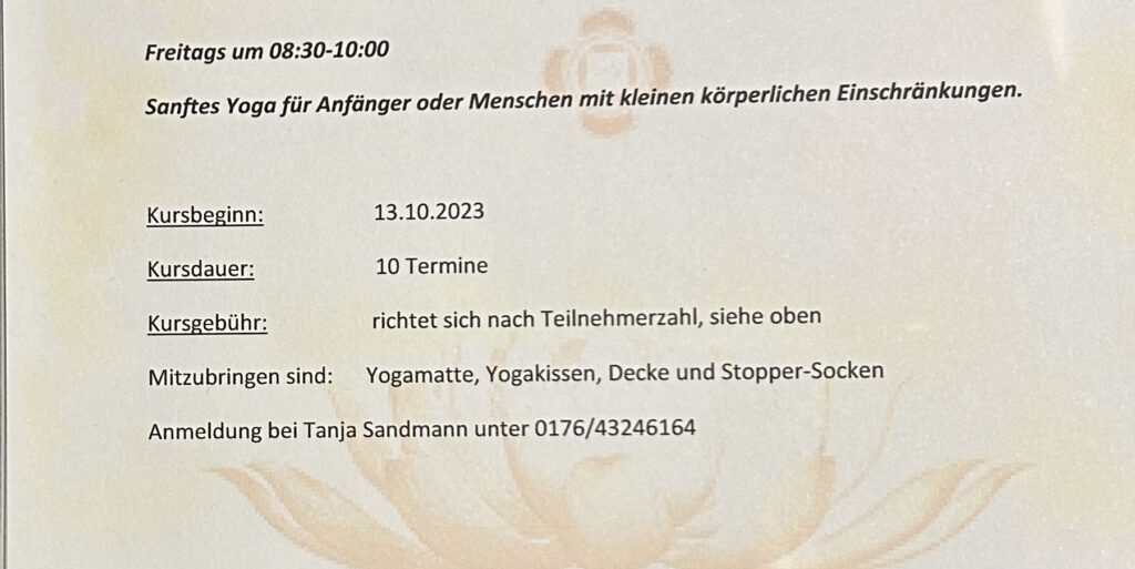 Flyer Dienstagskurs Yoga