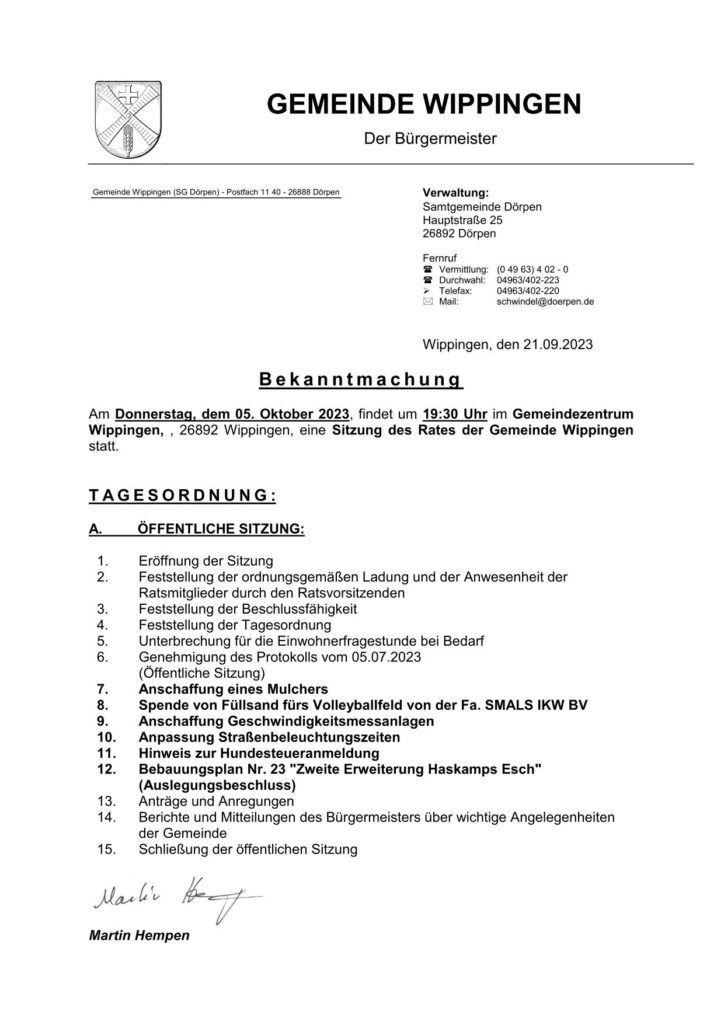 Einladung zur Gemeinderatssitzung 10/2023