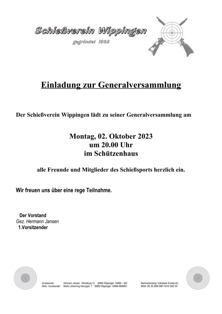 Einladung zur Generalversammlung des Schießvereins 10/2023