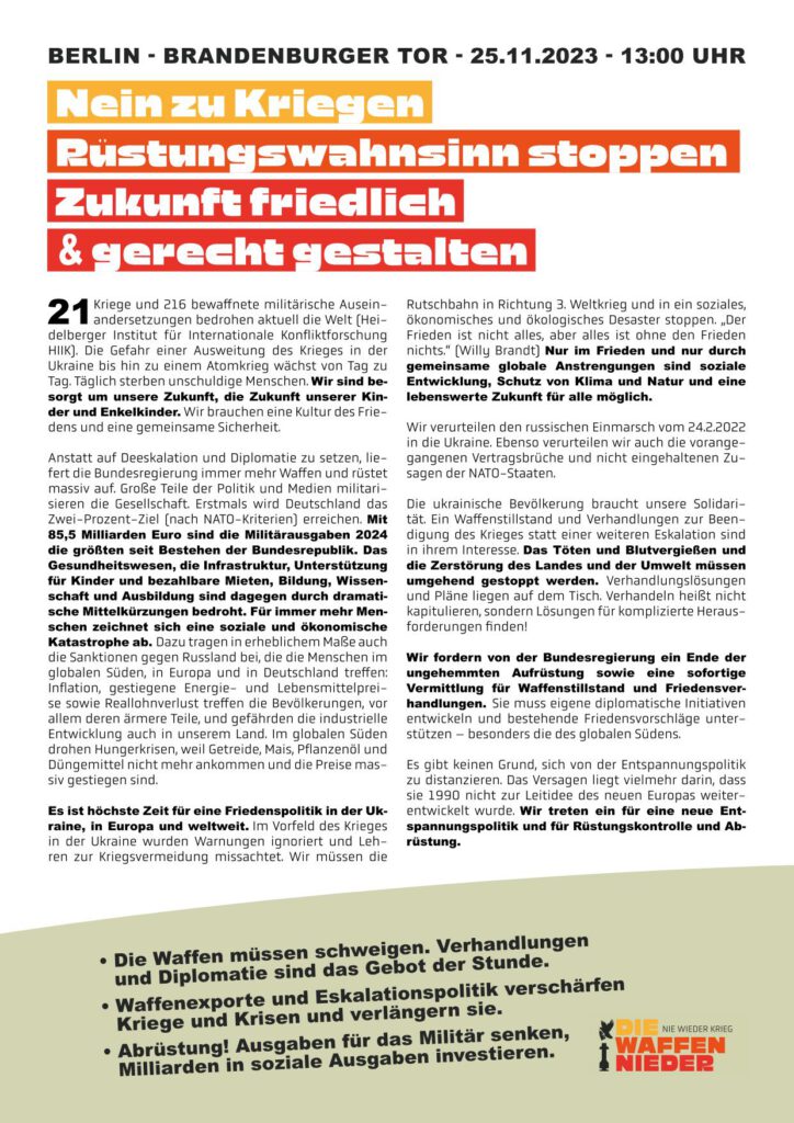 Flyer"Nein zu Kriegen"  mit Aufruf zur Demonstration am 25.11.2023