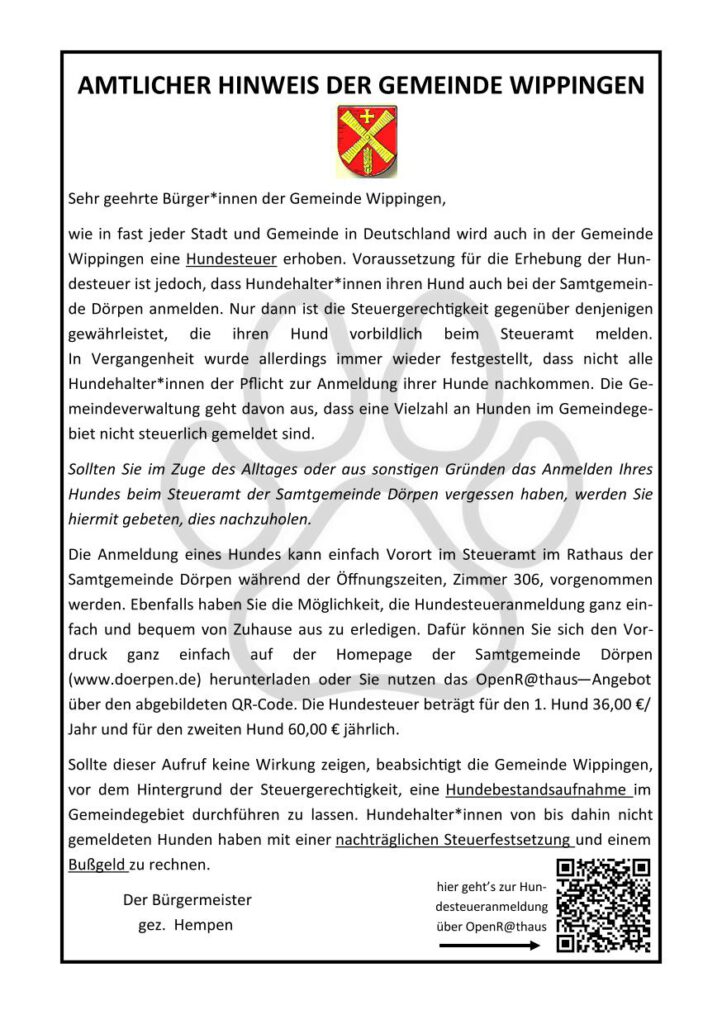 Hinweis der Gemeinde Wippingen auf Hundesteuerzahlung