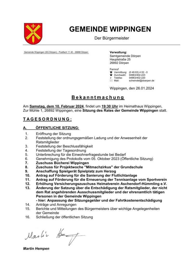 Einladung zur ratssitzung am 10.02.2024