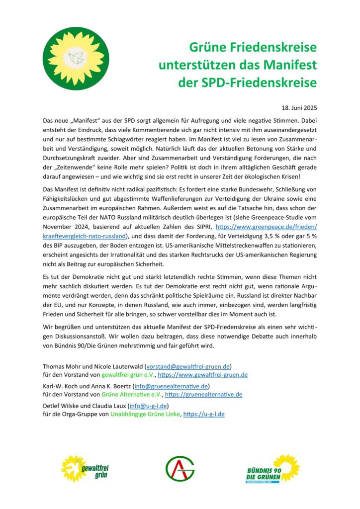 Erklärung der Grünen Friedenskreise zu SPD Manifest
