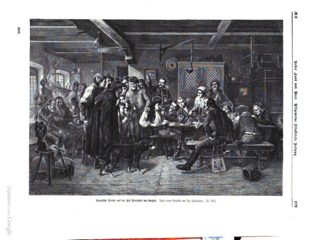 Preußische Werber unter Friedrich dem Großen
Date 	1872
Source 	Über Land und Meer: allgemeine illustrirte Zeitung, Band 29
Author 	Friedrich Hiddemann (1829-1892)
