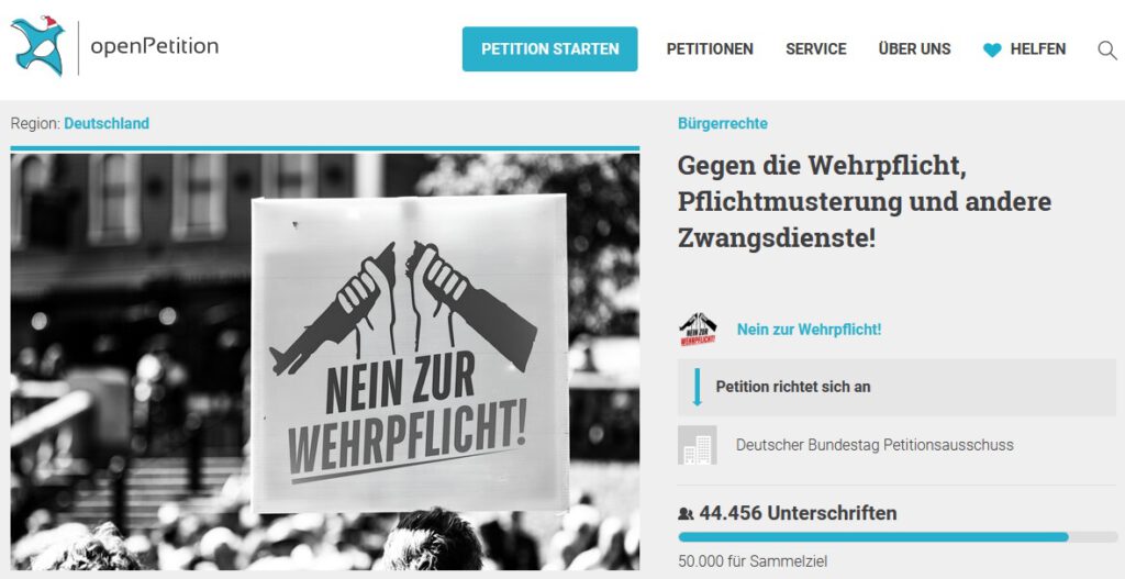 Screenshot Online-Petion gegen Wehrpflichtgesetz