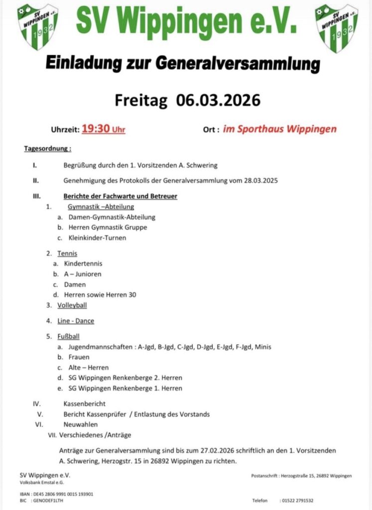 Flyer SV Wippingen: Einladung zur Generalversammlung